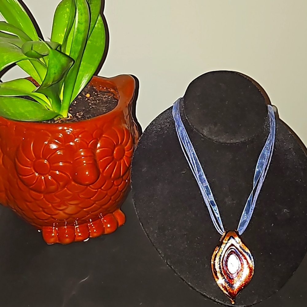 Glass and blue ribbon necklace